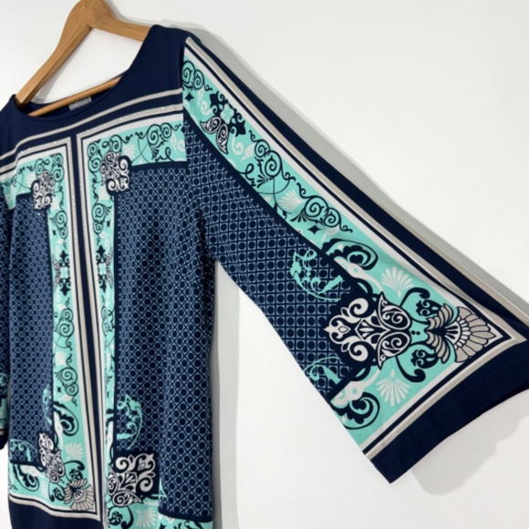 JM Collection Women’s Size Large Blue Green Floral Print Boat Neck Pullover Top - Picture 4 of 8